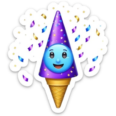 Emoji with glowing cone-shaped confetti popper, purple and blue colors emitting confetti and glitter, creating a bright festive atmosphere sticker
