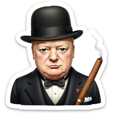 Cinematic Realistic Winston Churchill Portrait Emoji, depicted as a resolute British statesman with a signature bowler hat and a cigar, exuding determined leadership and wartime valor, rendered with lifelike textures and dramatic vintage lighting that captures his iconic British spirit. sticker