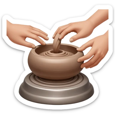 two hands kneading a ball of clay hovering above a silver pottery wheel without touching the wheel sticker