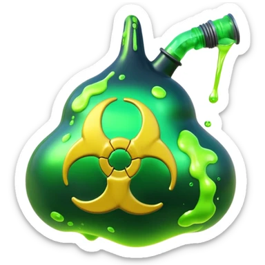 3D render of Oil Slick, toxic waste aesthetic, neon green bubbling liquid, caution yellow metal, industrial warning texture. sticker