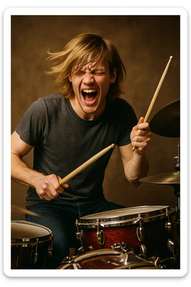 male drummer, blonde hair styled long on top with bangs, mid-performance, dynamic pose, casual clothing sticker