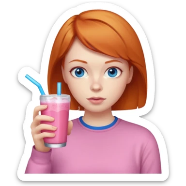 ginger woman short hair, pink shirt, sipping energy drink blue eyes cosy  sticker
