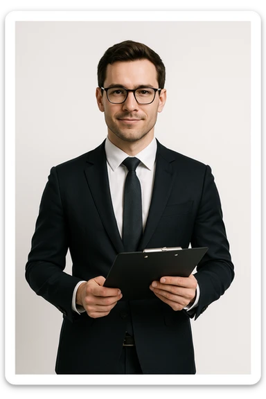 smart looking man holding a clipboard, professional attire, confident expression, clean background sticker