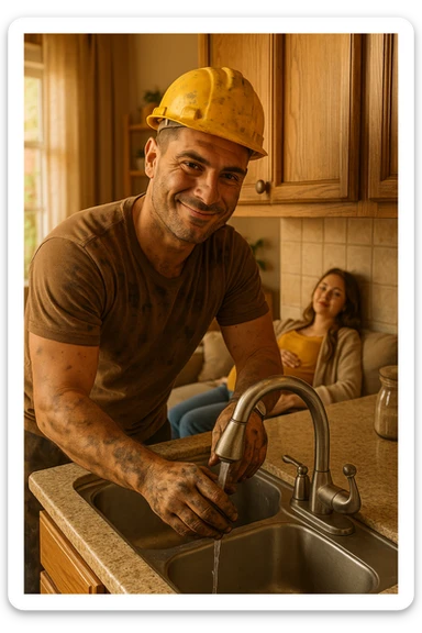 Construction worker coming home, immediately fixing leaky faucet without being asked, hands dirty but smile calm as his pregnant wife rests on couch sticker
