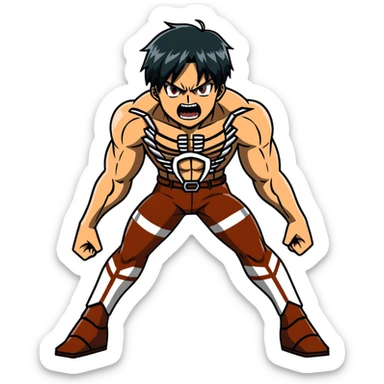 Eren's Attack Titan form, aggressive pose, muscular body with long dark hair sticker