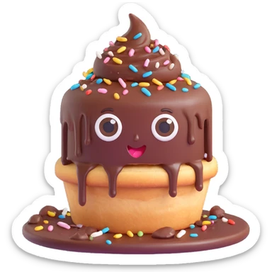 Rectangular chocolate mini pastry, messy chocolate dripping, sprinkles flying, surprised eyes, open mouth, text above: "ПАСТИЧКА", chibi style, Twitch emoji style, transparent background, colorful
 sticker