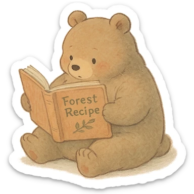 chubby bear reading a forest recipe book, muted warm tones, soft pastel Ghibli style sticker