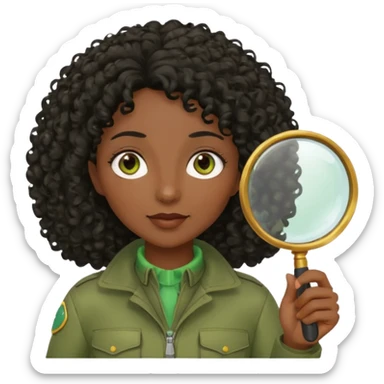 dark skin curly black haired middle-aged woman in moss green explorer outfit, holding magnifying glass sticker