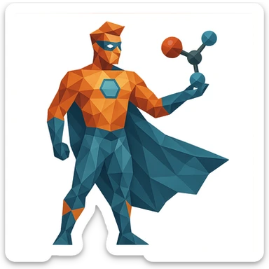 polygonal style chemistry superhero made of geometric shapes holding a molecule model sticker