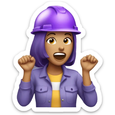 girl with purple hard hat shouting with the hands on the mouth sticker