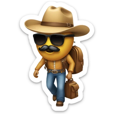  man with mustache &cowboy hat and sunglasses with a bagpack walking away sticker