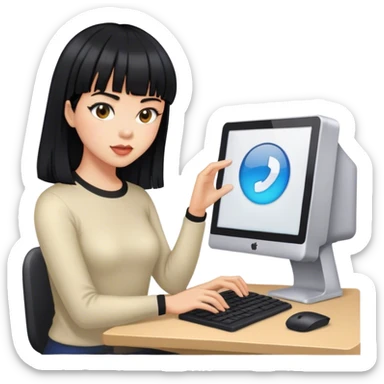 mujer pelinegra con flequillo manejando una computado sticker