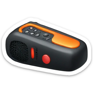 black walkie talkie with red-orange button on side sticker