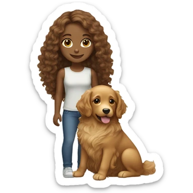 Tan skinned girl with  long brown curly hair with a golden retriever puppy sticker