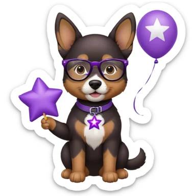 dog holding purple star balloon in hand with black glasses sticker