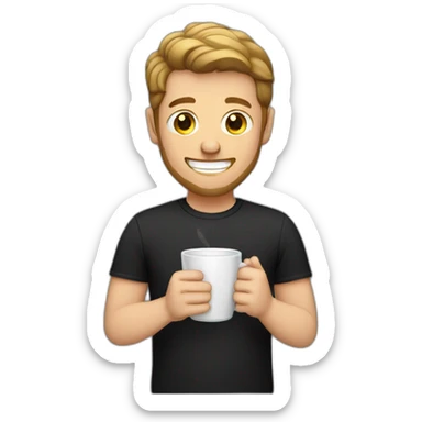 white guy holding glass coffee mug smiling black shirt sticker