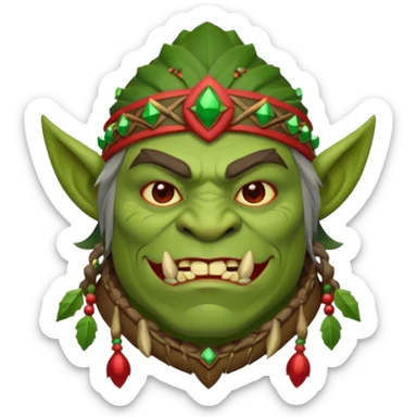 Christmas fantasy orc icon, winter feast chief theme, tribal ornaments, joyful brutal expression, festive winter atmosphere, stylized emoji portrait, male/female variant
 sticker