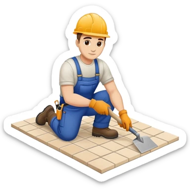 Moldovan builder laying floor tiles, construction worker with a trowel sticker