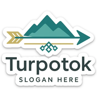 Modern minimalist logo for Turpotok with a stylized Kurai arrow, Ural Mountains silhouette, and subtle Bashkir ornamentation. Text 'Turpotok' in a modern sans-serif font with optional slogan. Color palette reflecting Bashkir culture and natural beauty sticker