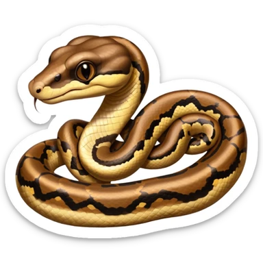 A photo-realistic headshot of a Ball Python with a rounded snout, soft contours, and a calm, curious look. Its warm brown head features bold dark markings, including the signature “alien-head” pattern. sticker