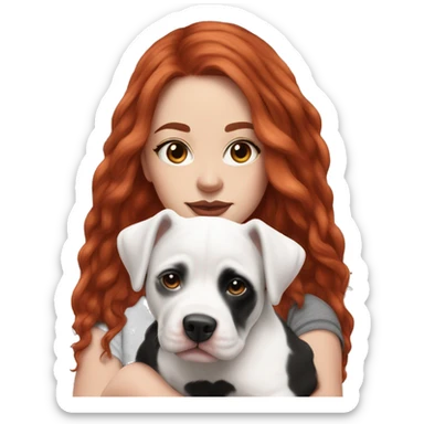 Long Red haired woman in beanie with septum piercing holding black and white English Staffordshire puppy sticker
