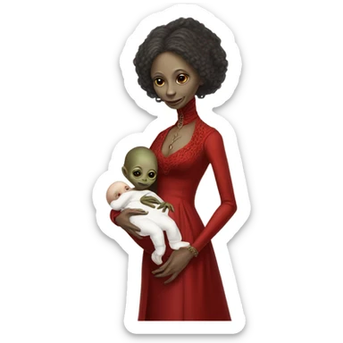  Reptilian alien woman , full body, in victorian red elegant dress , holds a newborn white humman baby sticker