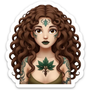 woman with long curly brown hair, brown eyes, white skin, tattoos, forest spirits shaped like smoke animals circling her sticker