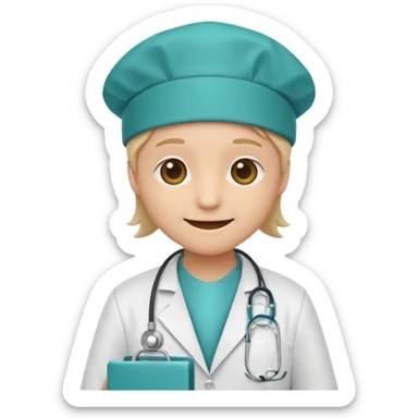 smiley face emoji dressed as a doctor with a white lab coat and teal surgical cap sticker