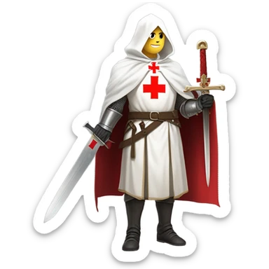 blond haired Masonic knight Templar wearing a white tunic with a Red Cross on the front and a white mantle with a hood with a Red Cross on the left side and a male face  and holding a sword by the handle blade pointing upwards. sticker