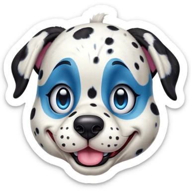 Cinematic Comical Harlequin Dalmatian Portrait Emoji, Head tilted dramatically with an exaggeratedly shocked or amused expression, featuring a striking Fur of predominantly white with vivid black patches, wide, expressive blue eyes filled with playful disbelief, Simplified yet hilariously expressive features, highly detailed, glowing with a slightly sassy glow, high shine, dramatic yet playful, stylized with an air of cheeky charm, bright and endearing, soft glowing outline, capturing the essence of a spirited and over-the-top guardian, so meme-worthy it feels like it could side-eye its way into internet fame instantly! sticker