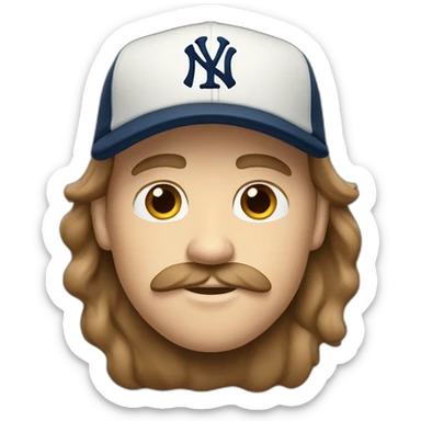white man with long brown hair and ny baseball cap and mustache sticker