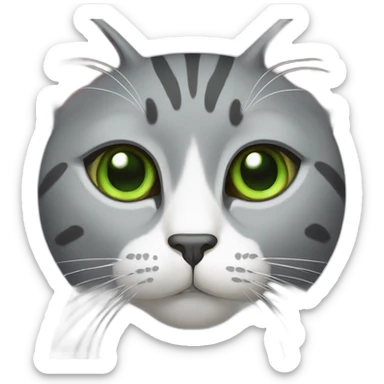 Gray cat with green eyes with white spot under nose and white stripe from nose to forehead sticker