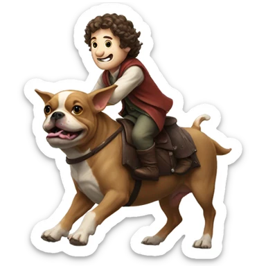 A hobbit riding on the back of a French bull dog sticker