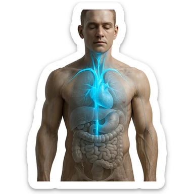 realistic human body with vagus nerve highlighted, anatomical details, vagus nerve path clearly visible, intense blue cold glow effect along the nerve, transparency on internal organs, neutral background sticker