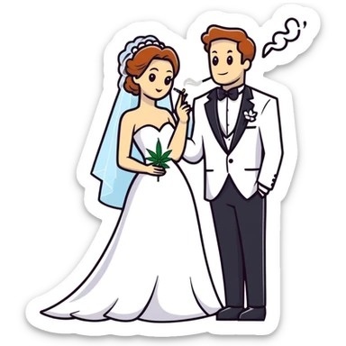 A bride in white wedding dress and groom in tuxedo, full body, smoking cannabis together, wedding couple sticker