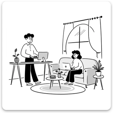 escenary 3d of a cozy mid-century living room with two people working on laptops, one man standing at a desk, and one woman sitting on a couch sticker