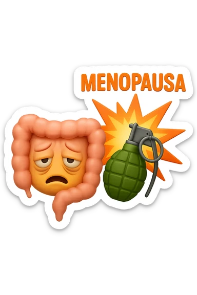 EMOJI STILE IPHONE 3D DI INTESTINO ANZIANO CON RUGHE SFINITO CON ESPRESSIONE STANCA, ACCANTO A LUI SCOPPIA UNA GRANATA 3D CON LA SCRITTA "MENOPAUSA" SOPRA sticker