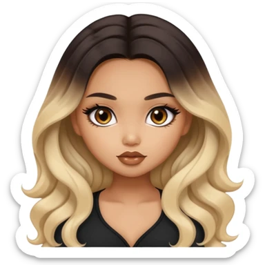 tan skin, girly bratz ASIAN vietnam baddie, beautiful dark brown eyes, pretty makeup, long black to blond ombré wavy hair sticker