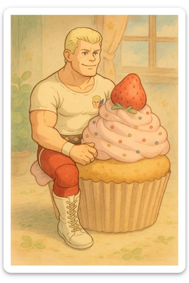 Cody Rhodes sitting on a cupcake, ghibli style sticker