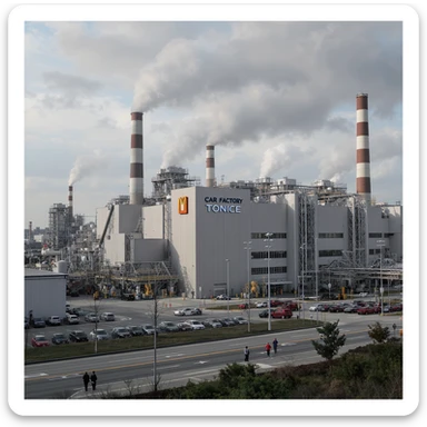 Realistic car factory exterior, large industrial building with smokestacks, parking lots filled with cars, factory grounds with machinery and equipment, realistic lighting and shadows, industrial atmosphere, workers in uniforms walking around, company logo on the building sticker