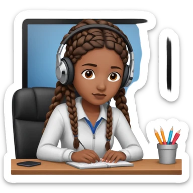 realistic dark brown skinned female with braids sitting at a desk with headphones on sticker
