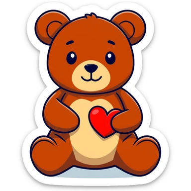 A sitting medium brown teddy bear, holding a red heart ￼ sticker
