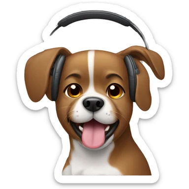 dog with brown hair with headphones on, tongue out sticker