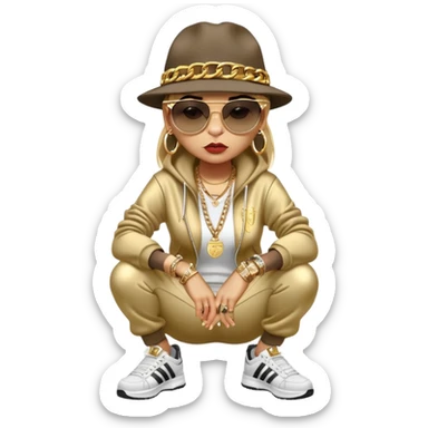 female cat wearing Run DMC hip-hop outfit with tracksuit, fedora, Adidas sneakers, dark sunglasses, many gold chains, rings, bracelets, flashy earrings, fallen down with worried expression sticker