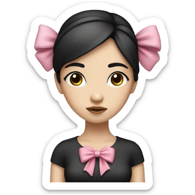 sad girl with white skin and straight black hair with a pink bow on her head sticker