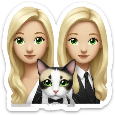 Blonde girl with black and white tuxedo cat both have green eyes sticker