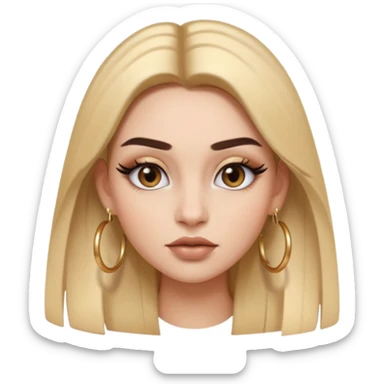 emoji girl with sharp winged eyeliner, sculpted brows, long lashes, matte ombré nude lips, gold hoop earrings, sleek straight hair, bold confident expression sticker