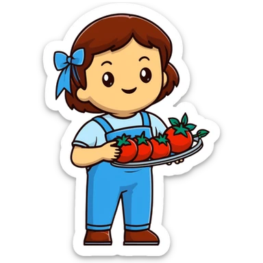 Child gardener with ribbon and prize tomatoes sticker