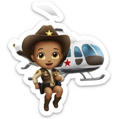 Baby girl dressed as a sheriff hanging off a helicopter  sticker
