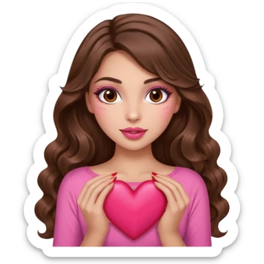 girl with long wavy brown hair, brown eyes, long lashes makeup, sexy pink lips, light to medium complexion, wearing a pink sexy top, many  hearts in hand sticker
